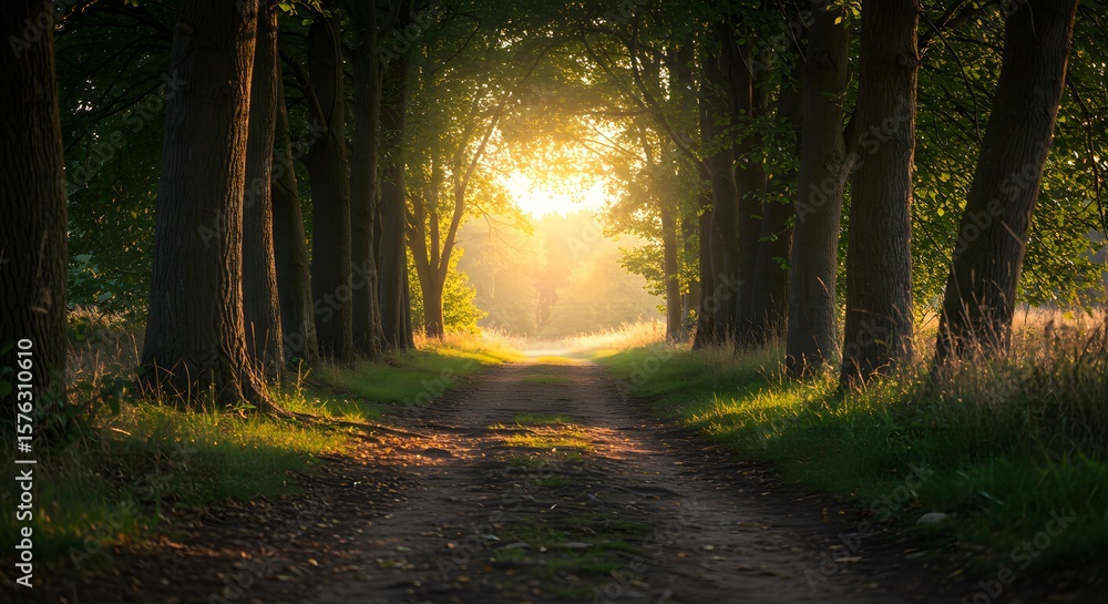 Obraz premium Sunset glow through dense forest trail