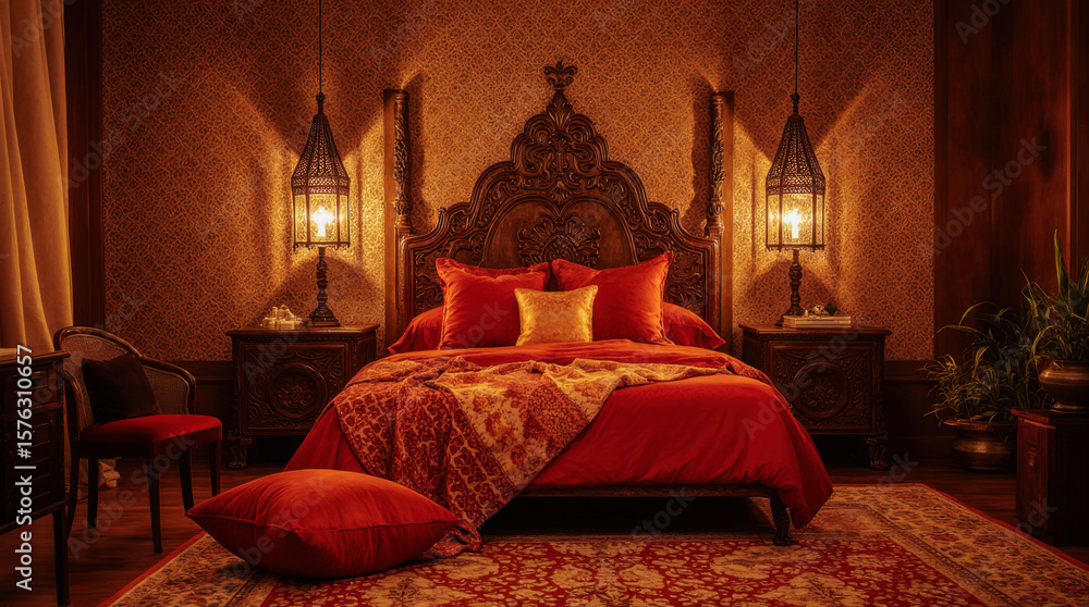 Fototapeta premium Vibrant Moroccan-inspired bedroom with ornate lanterns and rich colors