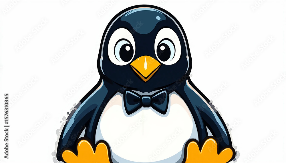 Obraz premium A cartoon penguin wearing a stylish bow tie, standing upright with a cheerful expression