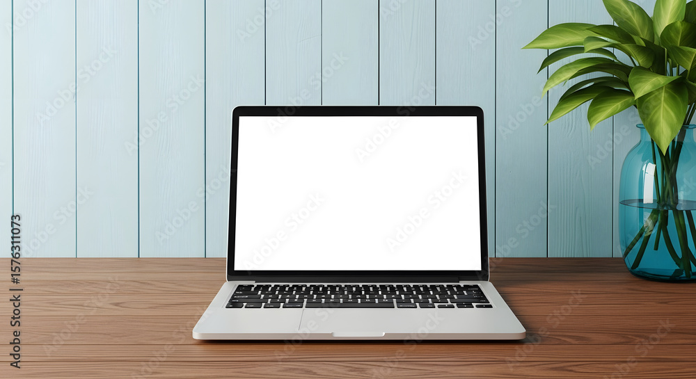 Fototapeta premium Laptop with a blank white screen sits on a wooden desk next to a plant in a blue vase.