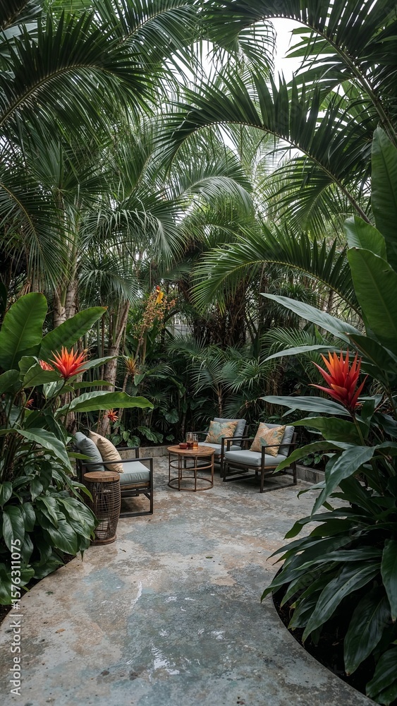 Fototapeta premium Tropical Garden Patio with Lounge Chairs and Lush Greenery 