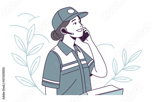 Customer Service Excellence: A professional woman, adorned in a uniform and headset, engaging in a phone conversation with a gentle smile, representing customer care and service.