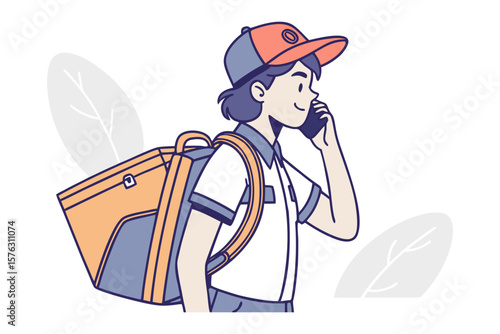 Fast Delivery Dispatch: An animated delivery person, equipped with a backpack, engages in a phone call while ready for dispatch, painted in vector art style.