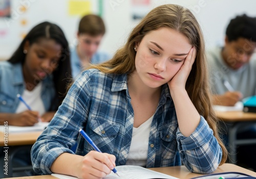 Pensive student in plaid shirt struggles with test in classroom setting