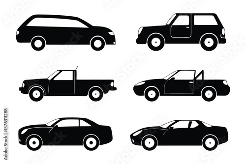 Silhouette Vehicle Collection: A sleek compilation of various automobile silhouettes, a minimalist representation of diverse car types, perfect for design and transportation concepts.