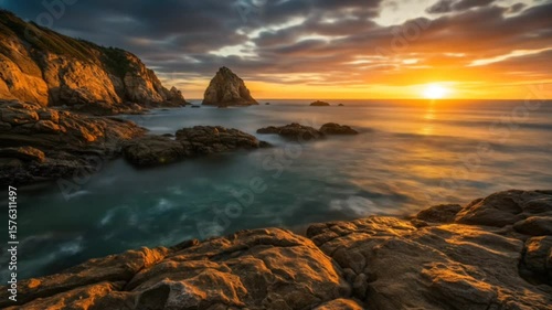 Waves were crashing gently over coastal rocks as sun set behind cloudy horizon. Nature concept seamless looping 4k time-lapse animation video background