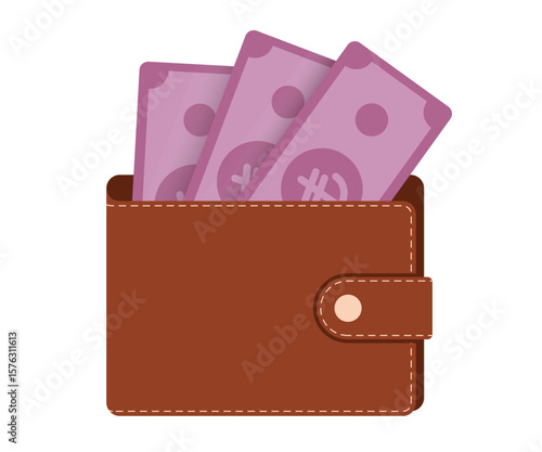 Flat vector of brown wallet holding Turkish lira notes and yellow coin, financial and forex themed illustration on a solid background