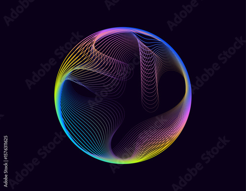 Abstract 3d sphere. Neon gradient curved waves in round shape. Bright spinning circular border. Vector colorful glowing circular tech frame	