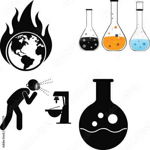 Vector art of illustrations depicting global warming, scientific experiments with liquids, and a person drinking from a coffee machine