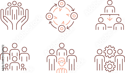 Teamwork line icon set. Icons for community support, workflow cycle, management hierarchy, team group, leadership, and collaboration process with gears. Vector collection.
