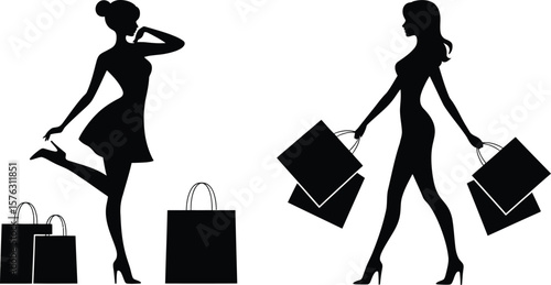 Shopping women silhouettes. Set of two stylish female figures, one posing and one walking with bags. Vector illustration of fashionable shoppers in high heels. Graphic for retail, boutique.