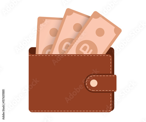 Brown leather wallet filled with red Russian ruble bills and a ruble coin, flat style vector for economy, currency, banking, and global finance design