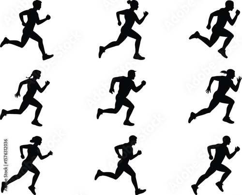 Male and female runner silhouettes vector collection. Set of black icons showing people jogging and sprinting, for sport, fitness, marathon, and exercise concepts.
