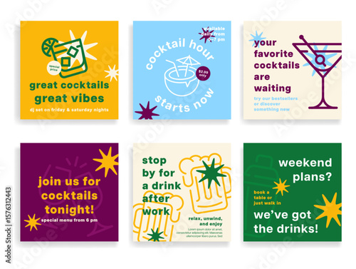 Banners inviting you to immerse yourself in the vibrant atmosphere of the cocktail bar with special menus, live music and exciting events.