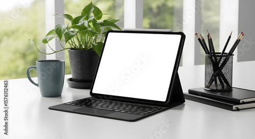 A modern workspace featuring a tablet with a blank screen, a plant, and stationery.