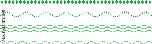 Set of green seamless decorative borders and line dividers. Vector collection of wavy, dotted, and diamond pattern elements for graphic design, isolated on white background.
