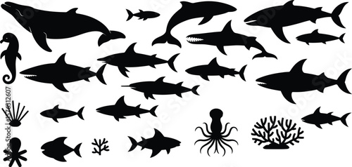 Sea life silhouette collection. Vector set of marine animals including shark, whale, dolphin, octopus, seahorse, and coral icons isolated on white background.
