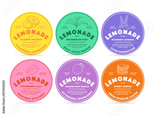 A set of colorful lemonade labels highlighting flavors like classic orange, strawberry basil, and honey ginger.