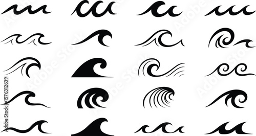 Wave icon set. Collection of black ocean and sea wave silhouettes. Stylized vector symbols for water, surf, and nautical design. Abstract tribal and nature graphic elements.
