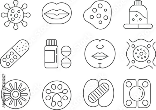 STD and herpes virus line icon set. Cold sore symptoms and treatment symbols, including virus, blisters, pills, and cream. Editable stroke outline icons for dermatology and venereology.