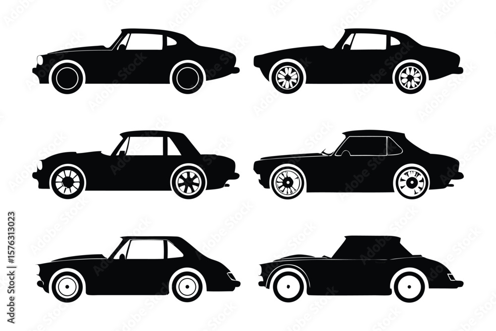Naklejka premium Classic Car Silhouettes: A selection of vintage automobiles presented as sleek black silhouettes against a clean background, evoking the essence of retro design and automotive history.