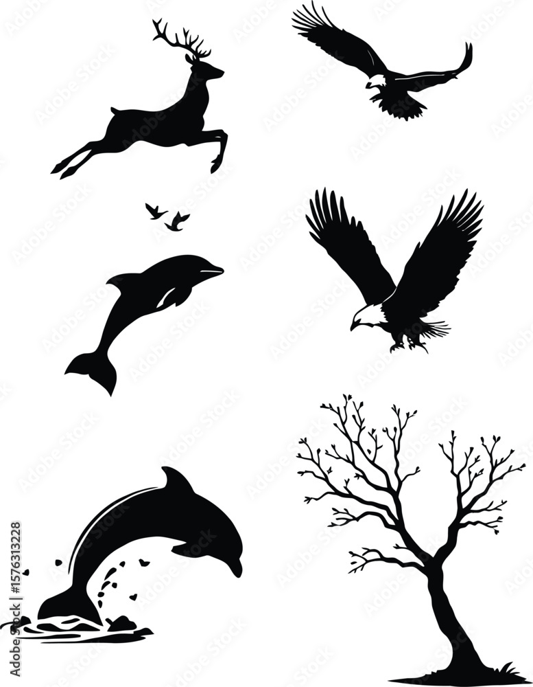 Naklejka premium Silhouettes of Wild Grace and Natural Rhythm: A Minimalist Composition Featuring Leaping Deer, Soaring Eagles, Playful Dolphins, and a Bare Tree in Dynamic Harmony