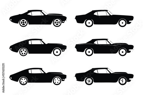 Classic Car Silhouettes: An array of six meticulously designed classic car silhouettes, capturing the timeless allure and iconic aesthetics of automotive history.
