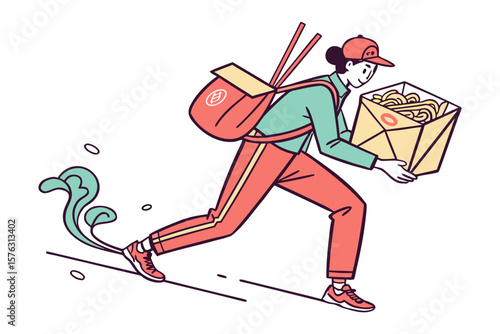 Speedy Delivery: Energetic courier swiftly delivers fresh food in a vibrant illustration, showcasing speed and efficiency.