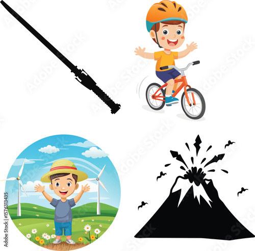 Vector art of a child cycles, another enjoys nature near wind turbines, and a volcano erupts