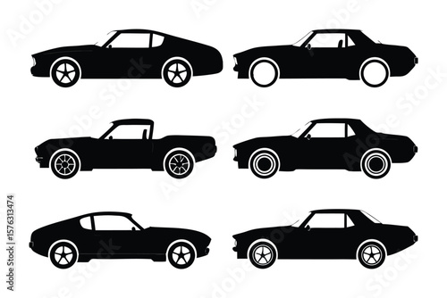Classic Car Silhouettes: Six sleek, black classic cars are artfully rendered, showcasing the iconic designs of automotive history against the backdrop of minimalism. 