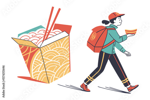 Noodle Delivery Delight: A dynamic illustration presents a food delivery courier, symbolizing swift service and a convenient takeaway experience.