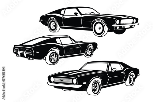 Muscle Car Trio: A collection of classic muscle cars depicted in a black and white vector graphic, symbolizing speed, power, and timeless style.