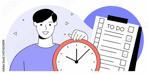 A design featuring a man with a clock and to-do list, ideal for time management or productivity themed graphics, and personal organizer projects.