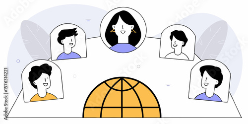 Global team members connect online for a meeting, showing collaboration and international business relations in a modern, clean design.