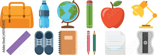 School supplies including a briefcase globe apple pencils notebook shoes water bottle ruler lamp paper and sharpener vector png isolated on white clipping path cutout background, bundle set 2025, 2026
