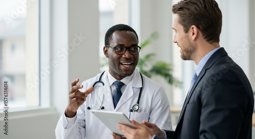 Doctor and Businessman Discussing Healthcare on Tablet