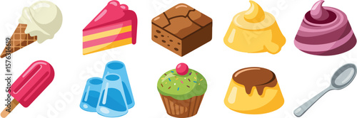 Assorted sweet treats including ice cream cone cake popsicle cupcake puddings and spoon slice vector png isolated on white background bundle set 2025 download