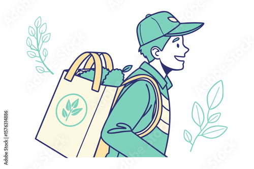 Sustainable Delivery: A cheerful individual proudly delivers eco-friendly groceries in a reusable bag, symbolizing sustainable choices and conscious consumption