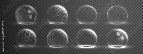 Protective shield dome set with 3D glass sphere effect and transparent barrier. Blue futuristic hexagon energy field for cyber security technology. Realistic wireframe design with holographic mesh.