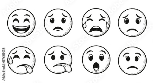 Eight hand-drawn emoji faces expressing various emotions such as happiness, sadness, crying, and surprise.