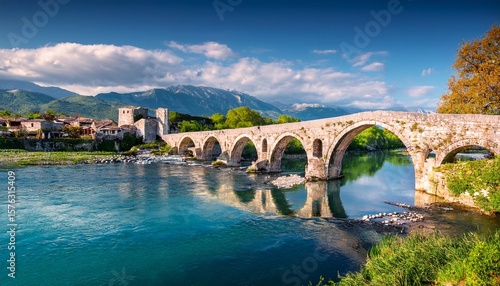 stunning spring view of old mes bridge gorgeous morning landscape of shkoder colorful outdoor scene of albania europe traveling concept background © Karl