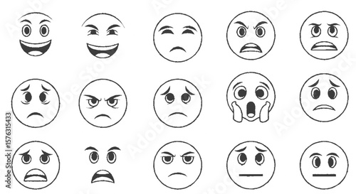Fifteen circular emoticons displaying various emotions, including happiness, anger, sadness, surprise, and confusion, in a simple line drawing style.