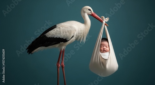 A White stork carries a newborn Asian baby in a cloth bundle, symbolizing the classic folklore of storks delivering babies.
