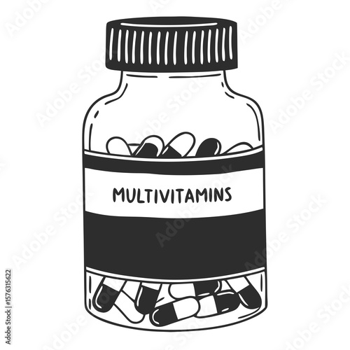 Glass bottle of multivitamins with capsules inside  
