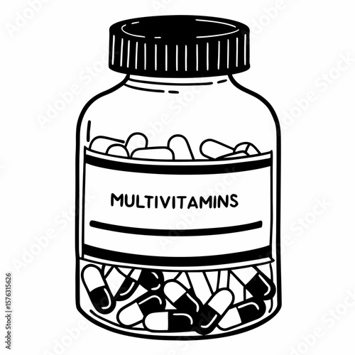 Illustration of multivitamins in a transparent container  