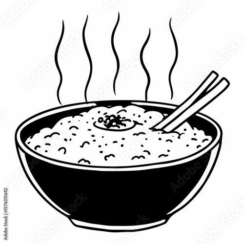 Rice breakfast bowl illustration, monochrome, for recipe blogs