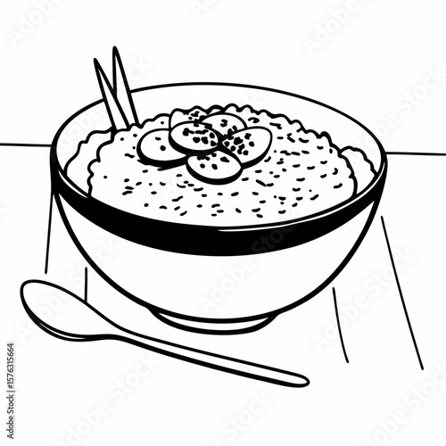 Oatmeal breakfast bowl illustration, monochrome design for food blogs