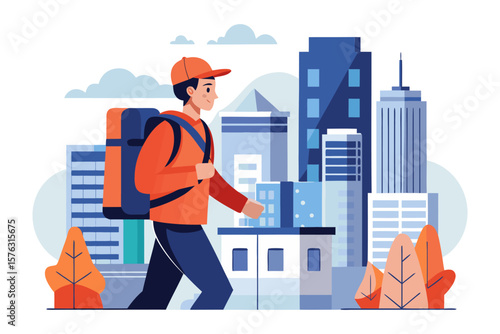 Urban Delivery: A delivery person navigating a bustling cityscape, showcasing efficient service and modern convenience.