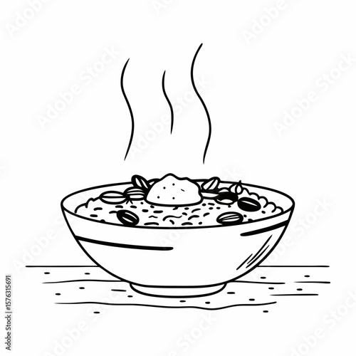 Oatmeal breakfast bowl illustration, black and white, for recipe blogs