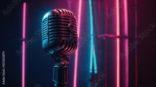 Close up of a vintage microphone with neon lights in the background casting a colorful glow on it